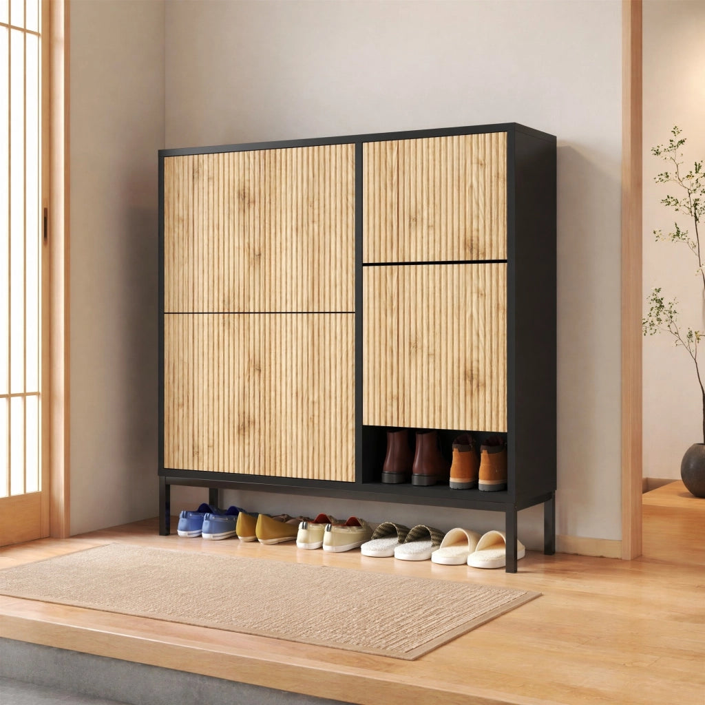 Mobile portascarpe con panca estraibile 100x100x25 cm in MDF nero e naturale