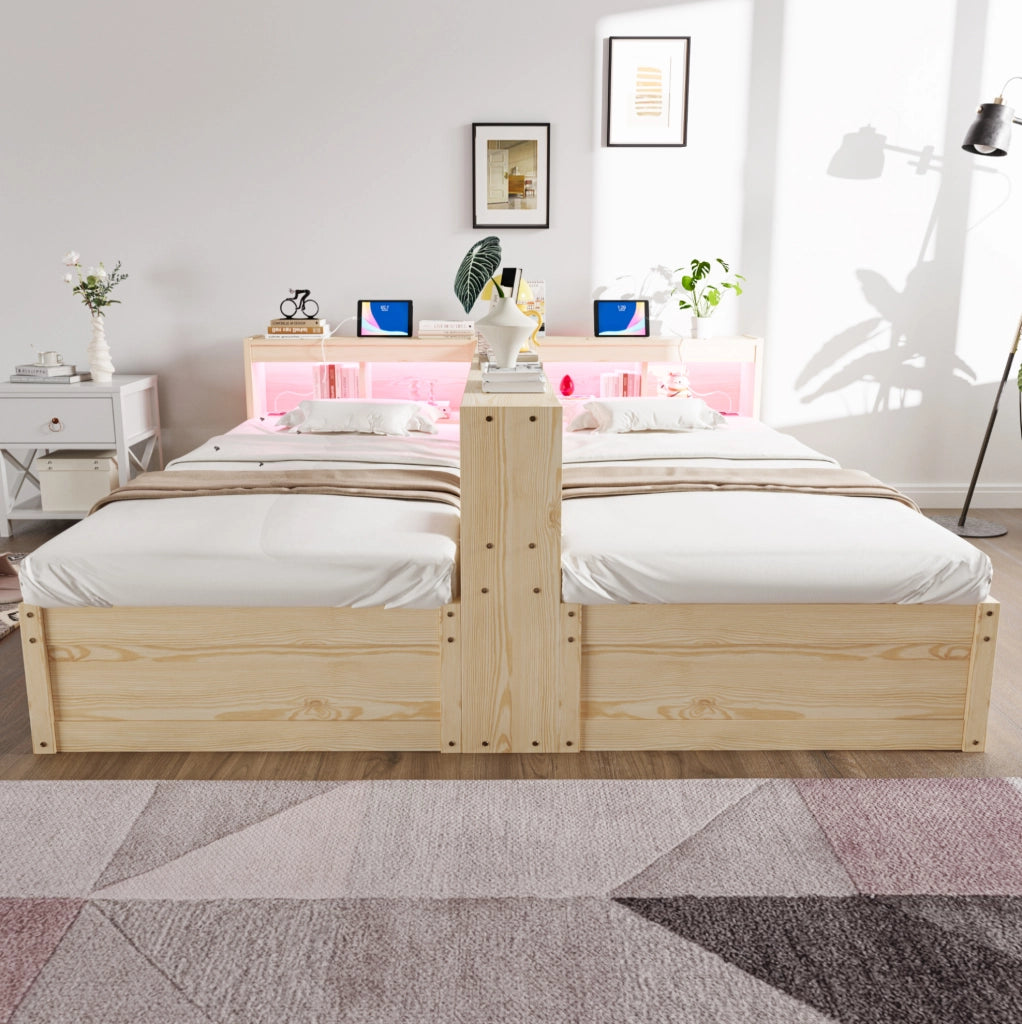 Letto multifunzione 90/180x200 cm in legno naturale con LED; prese integrate e contenitore