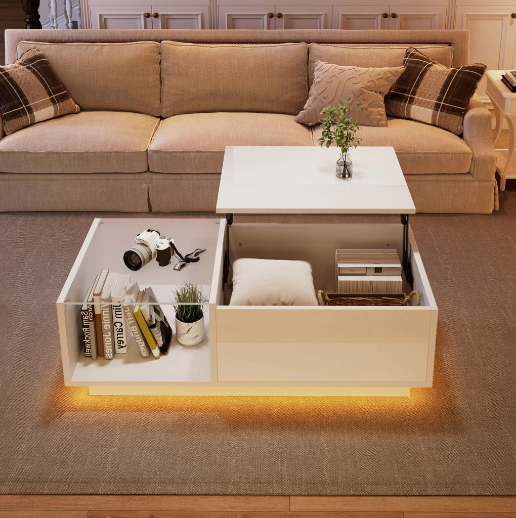 Tavolino da caff猫 100x50x33 cm; piano sollevabile con LED app; truciolato bianco