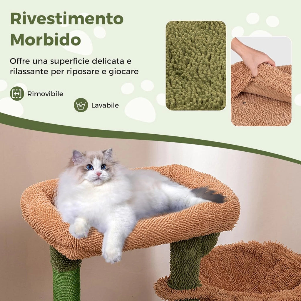 Tiragraffi per Gatti Moderno, Torre per Gatti Estetica a Forma di Cactus con Ripiano, Condo, Amaca, Posti per Graffi in Sisal e Cuscino Lavabile, Albero per Gatti Adulti e Cuccioli