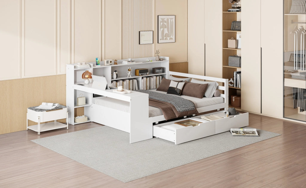 Divano letto 140x200 cm multifunzionale con scrivania e presa in legno bianco