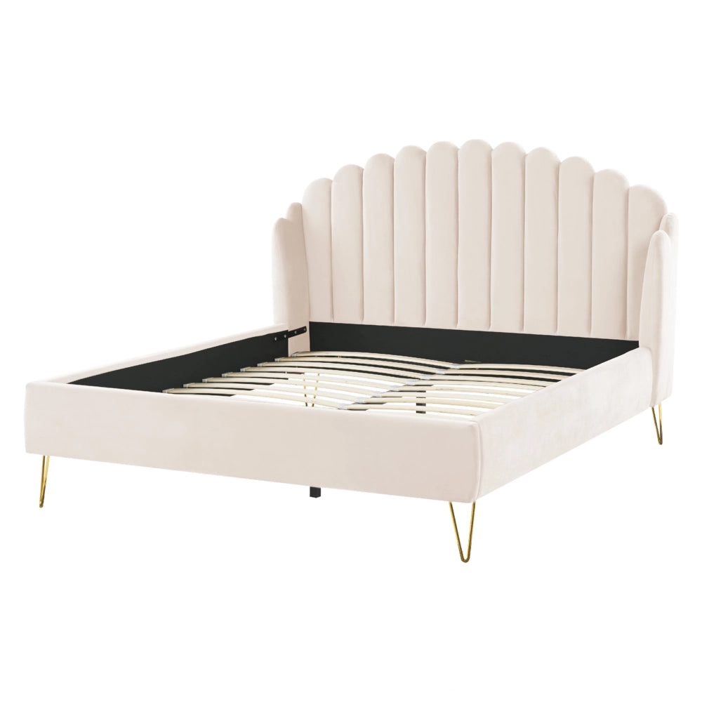 Letto con rete in velluto beige 160 x 200 cm gambe in metallo testata retro capitonné