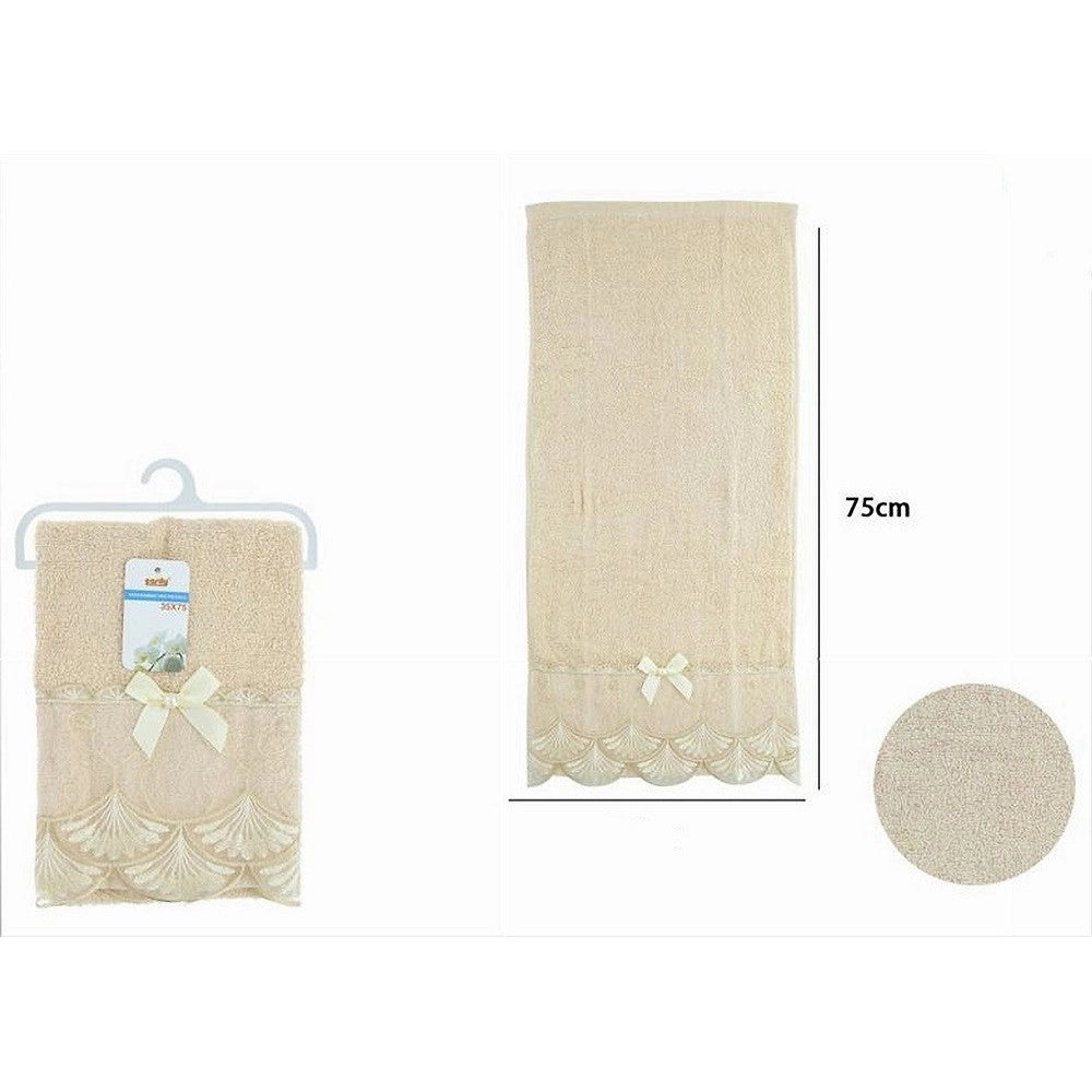 Trade Shop - Asciugamano Bagno Viso Piccolo Cotone Morbido Decorato 35x75cm Beige Scuro 79508 -