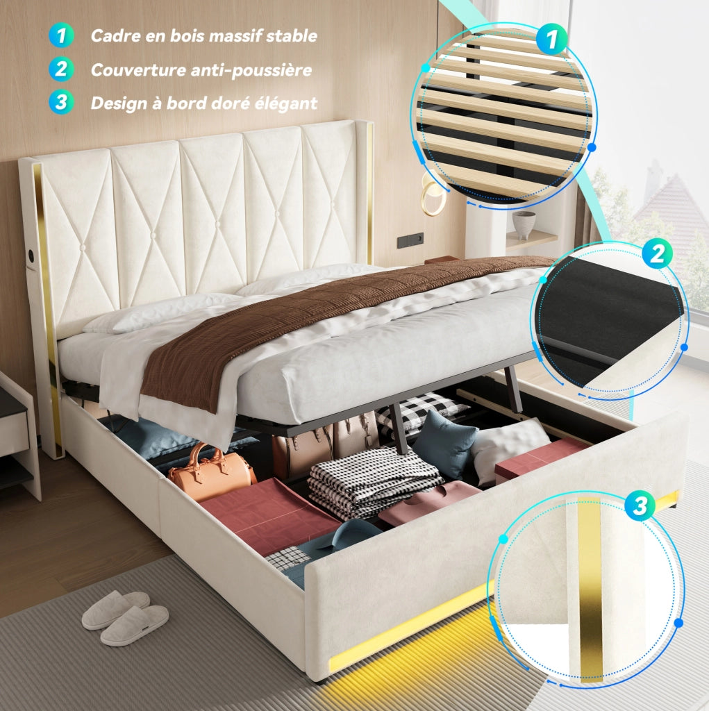 Letto contenitore ULEVR 180x200 cm in velluto beige con LED, USB e Type-C, testiera alta e tasche laterali