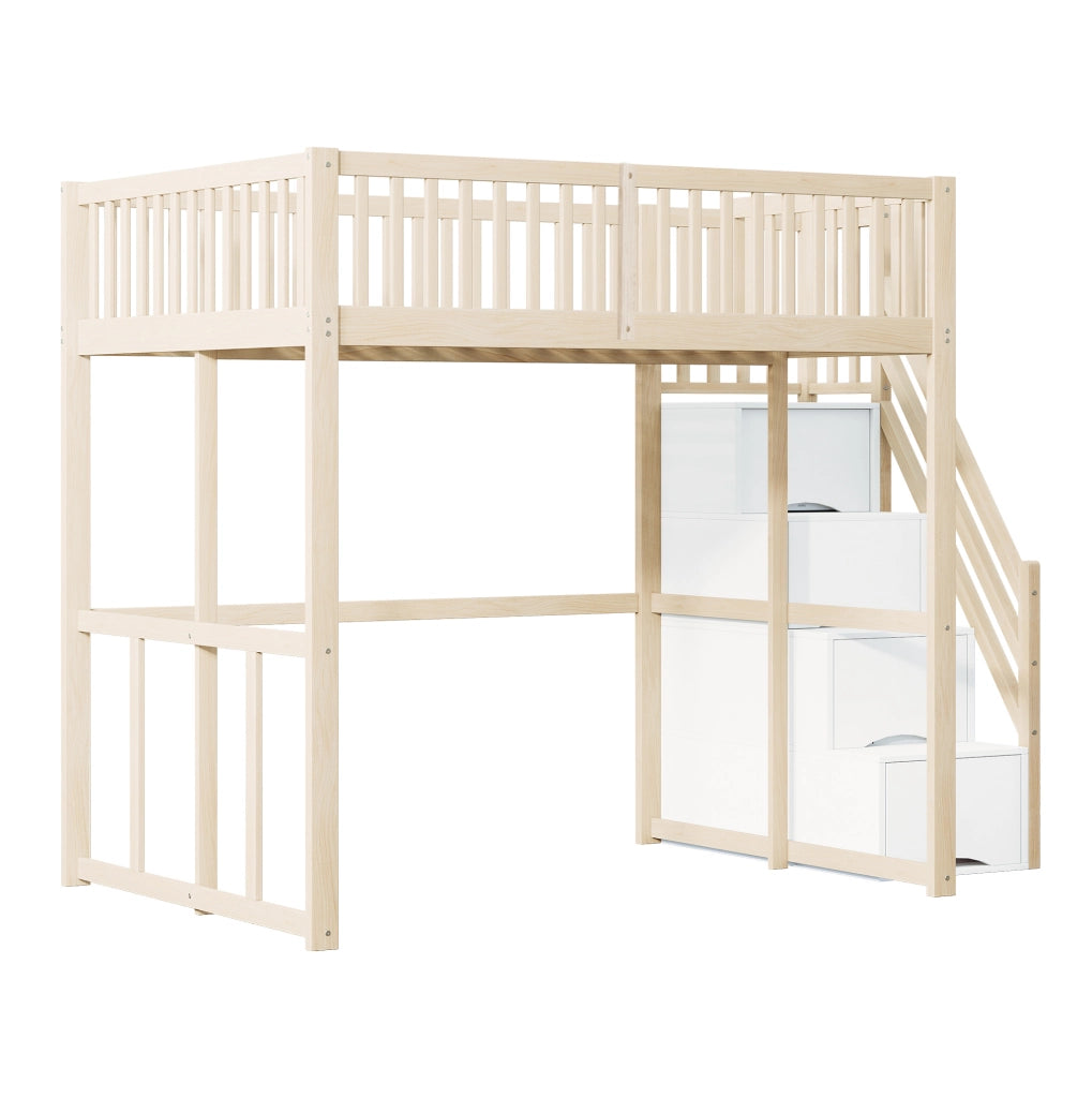 Hochbett 140x200 cm con scala contenitore e 15 doghe in legno di pino