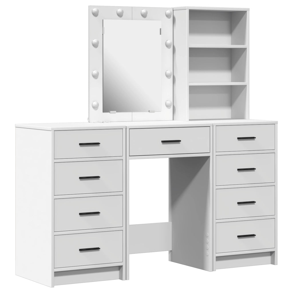 Set da Toeletta a 3 Pezzi con LED in Legno Ingegnerizzato Bianco