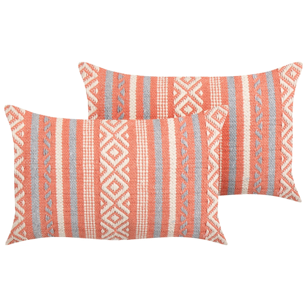 Set di 2 cuscini in cotone arancione bianco grigio 30 x 50 cm motivo geometrico nappe retrò boho