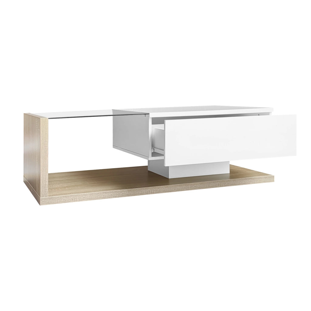 OKWISH Tavolino da Salotto Rettangolare con Piano in Vetro, Vano Contenitore e LED a 16 Colori, per Soggiorno, 105×55×32,5 cm