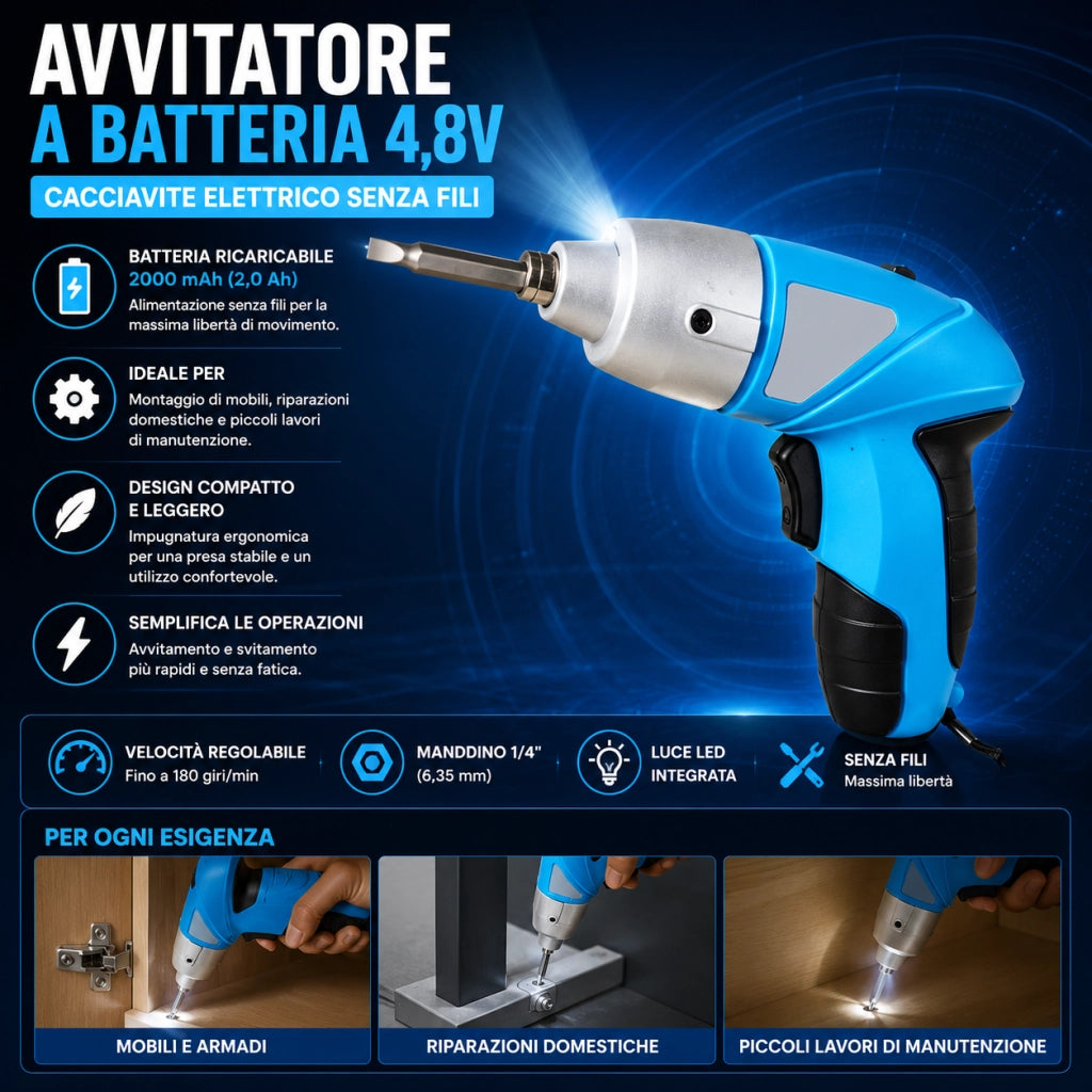 Avvitatore a Batteria 4,8V 2Ah 180 giri LED 11 Punte VP10104