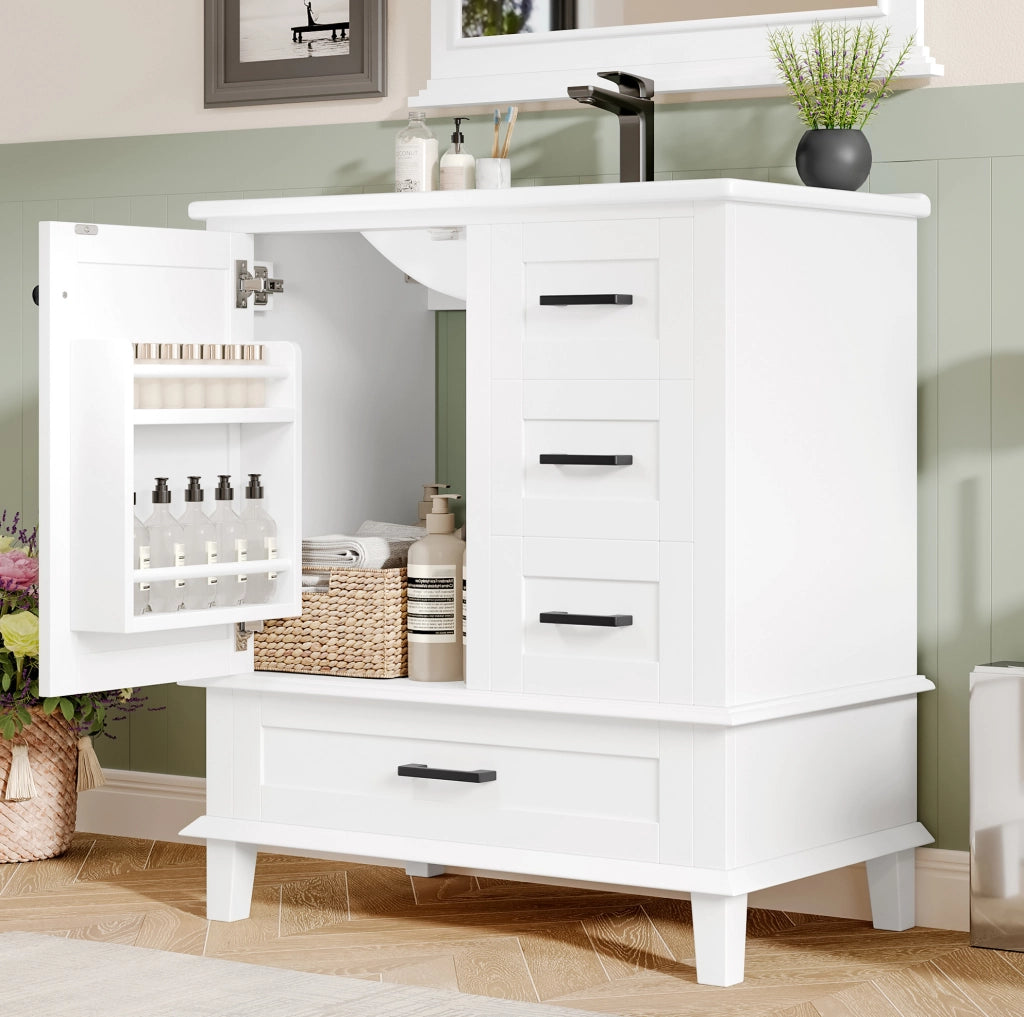 Mobile bagno freestanding 76x46x83,5 cm con lavabo in ceramica, 3 cassetti, bianco