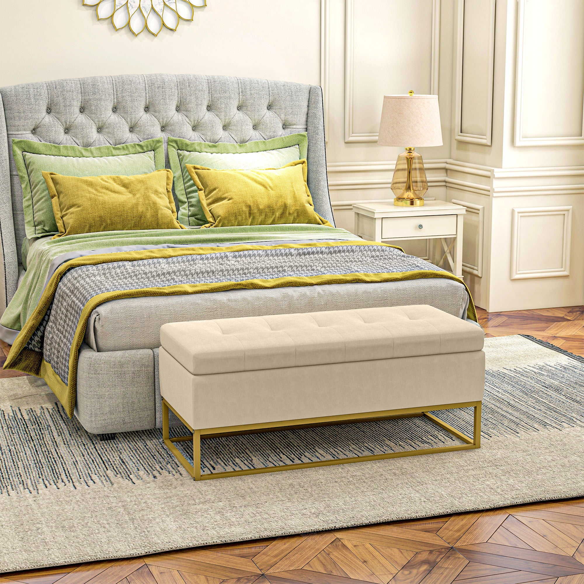 Panca Contenitore Rettangolare 110x44x49 cm con Seduta Imbottita e Gambe in Acciaio Beige