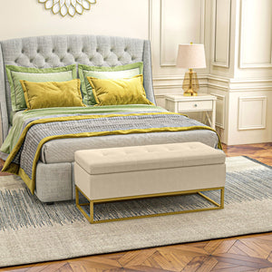 Panca Contenitore Rettangolare 110x44x49 cm con Seduta Imbottita e Gambe in Acciaio Beige