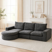 Divano modulare in ciniglia grigio con chaise longue reversibile e tre cuscini