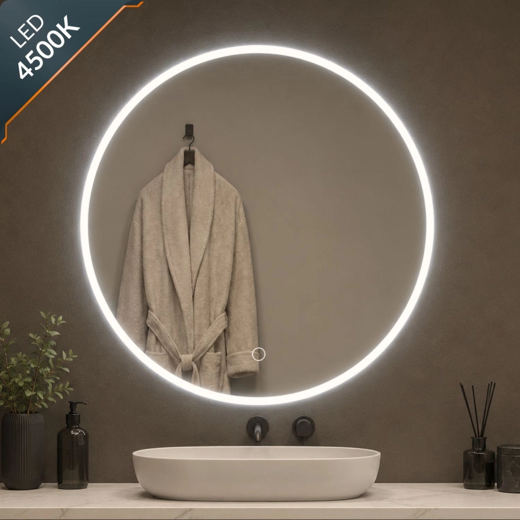 Specchio tondo led dimmerabile con interruttore touch per arredo bagno elegante da parete *** misura Ø80, tonalità ...