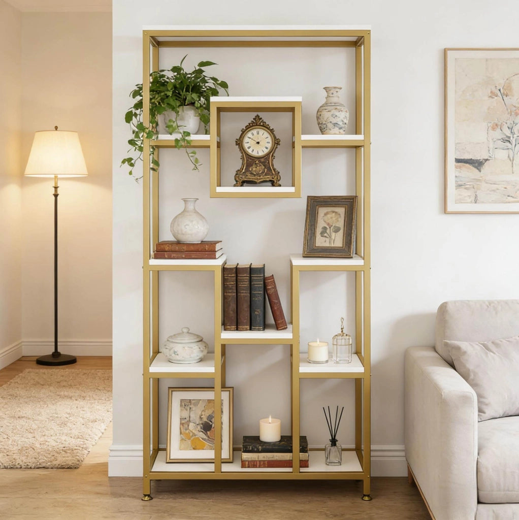 Libreria oro e bianco in metallo e legno, 11 ripiani aperti