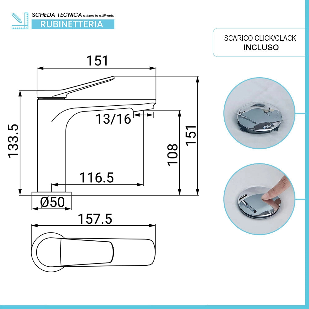 Set rubinetti lavabo, bidet e doccia con deviatore in ottone cromo linea Sound