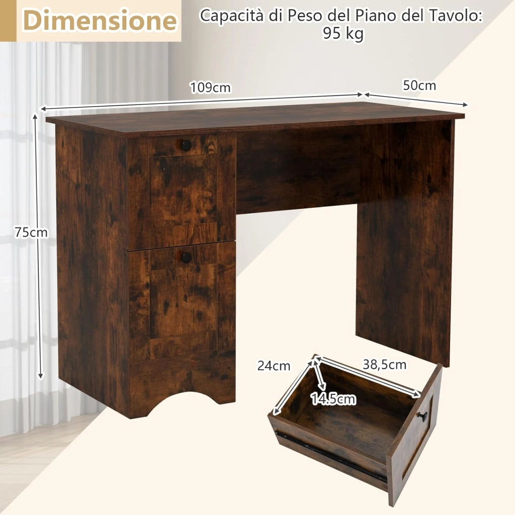Scrivania per Computer con 2 Cassetti a Maniglia, Scrivania PC Salvaspazio Multifunzionale, Scrivania Gaming per Ufficio, Soggiorno, Camera da Letto e Studio, 109 x 50 x 75 cm (Marrone)