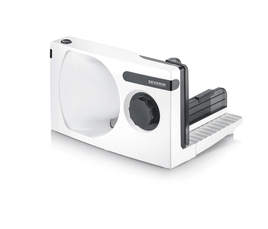 Severin AS 3912 - Affettatrice 19 cm, 100 W, spessore regolabile fino a 1,5 cm, lama in acciaio inox, sicurezza con pulsante a due fasi, colore Bianco