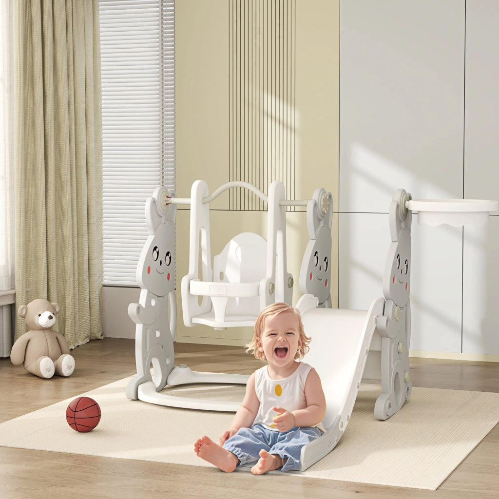 Set Gioco 4-in-1 Bambini ¨C Xylo ¨C Scivolo Altalena Arrampicata Canestro Grigio Coniglio