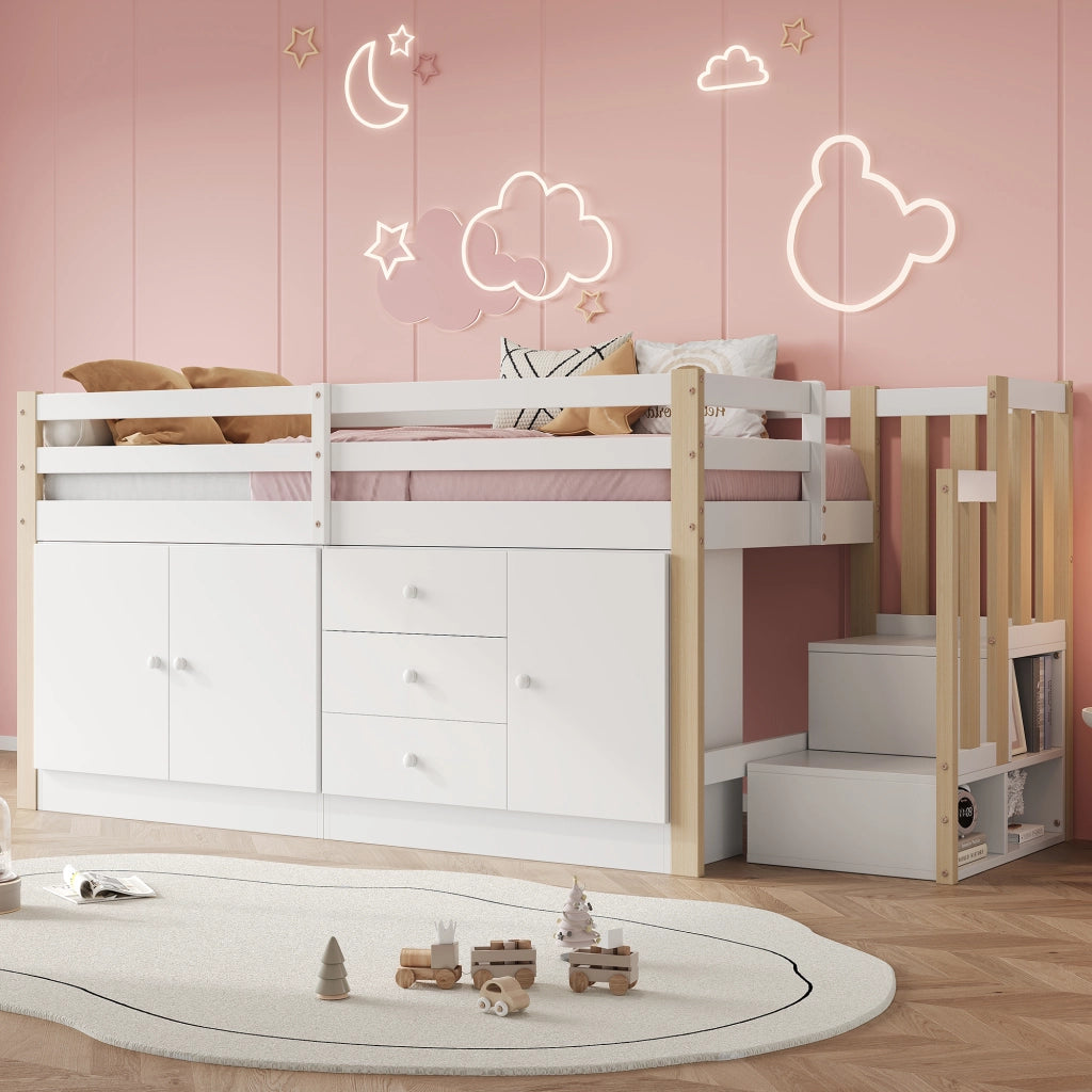 Letto a Soppalco Singolo 90x200 cm; 2 Armadi; Cassetti e Appendiabiti - Bianco