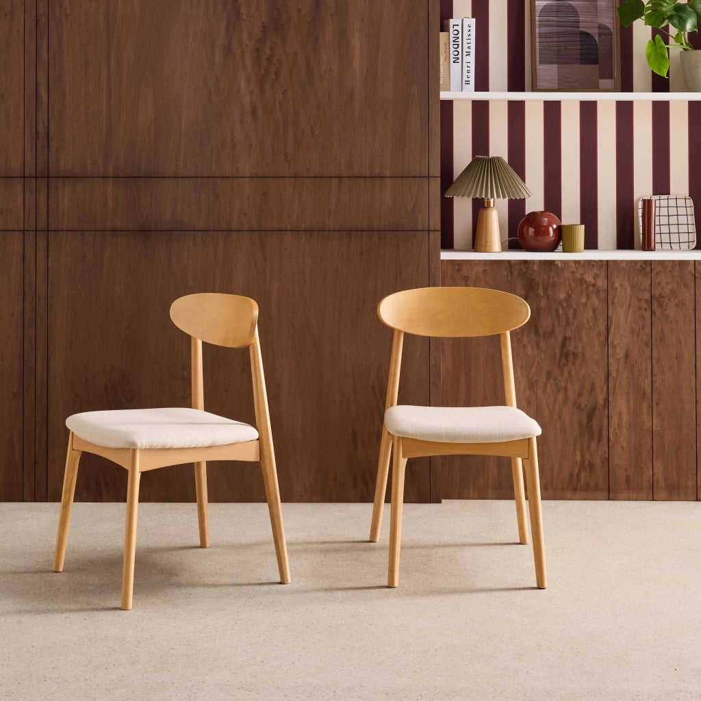 Set 2 sedie vintage in legno di hevea naturale e tessuto, beige