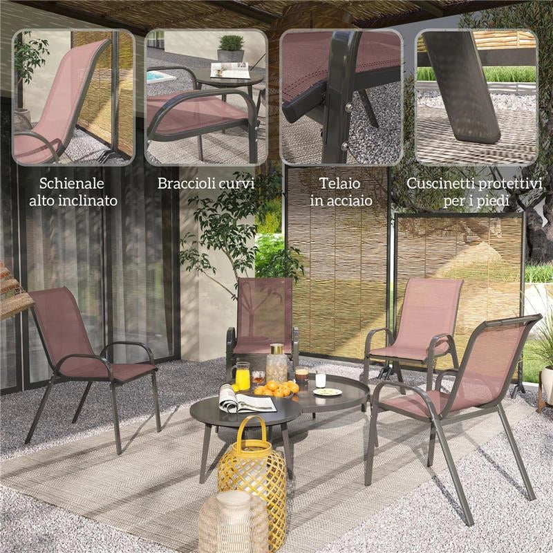 SET 4 SEDIE DA GIARDINO IMPILABILI CON BRACCIOLI CURVI, IN ACCIAIO E TESSUTO TRASPIRANTE, 54X71X93 CM, MARRONE