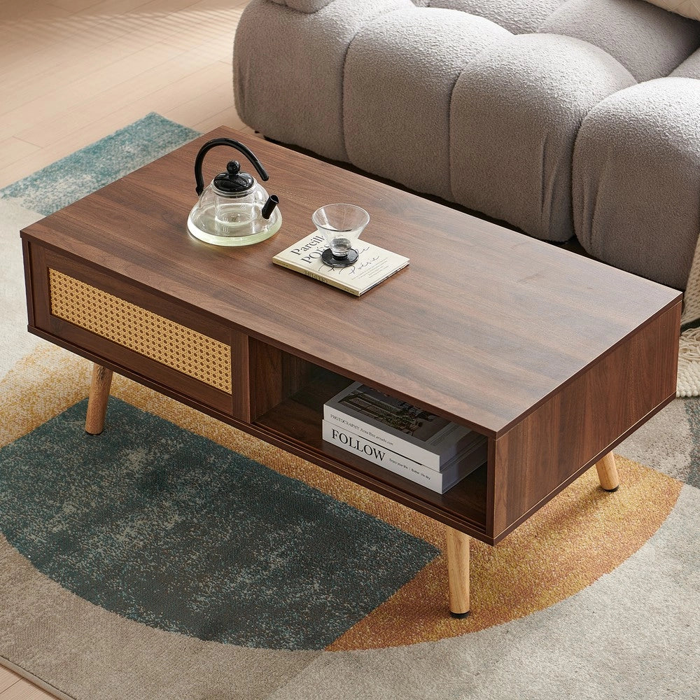 Tavolino da Caff¨¨ con Ante Scorrevoli ¨C MINIMAL ¨C Noce Scuro, Gambe in Legno Massello, 105x55x40 cm
