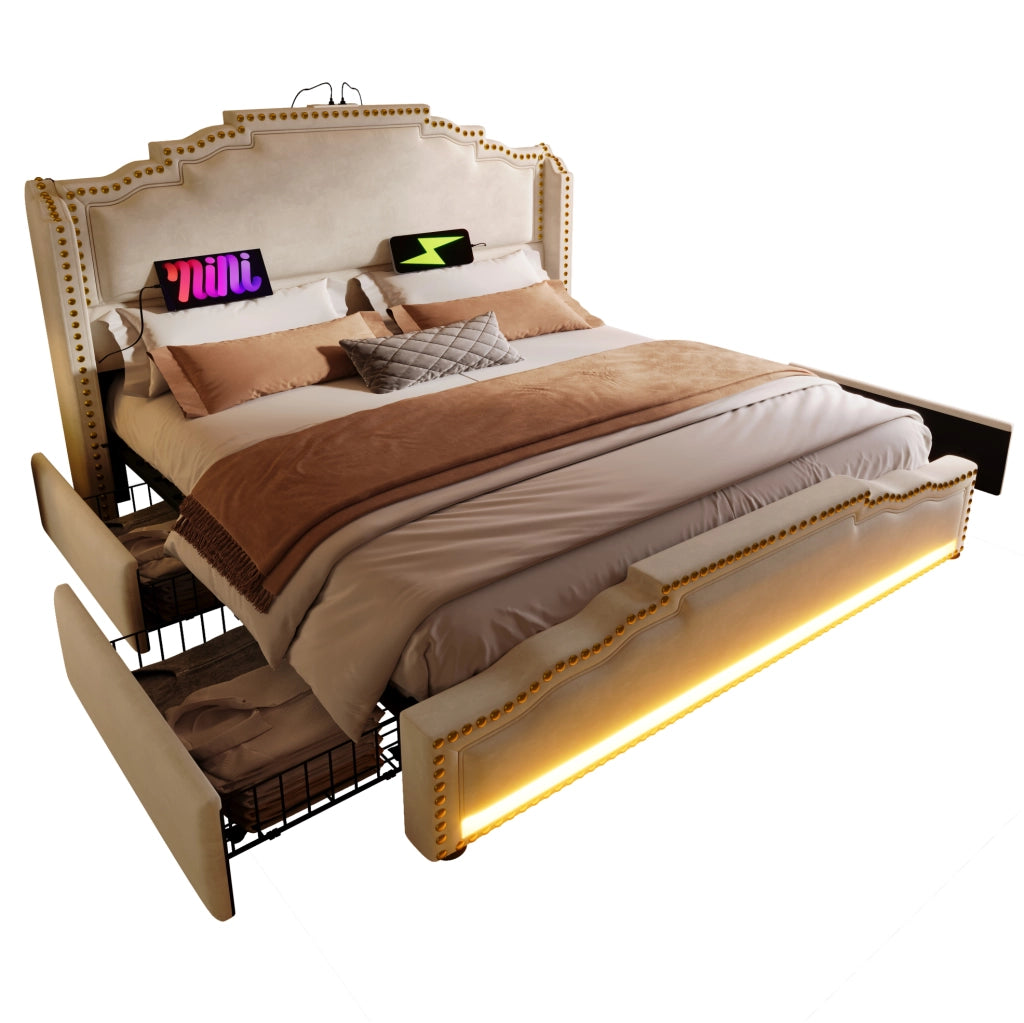 Letto 160x200 cm con 4 cassetti; LED e USB Type-C in velluto beige
