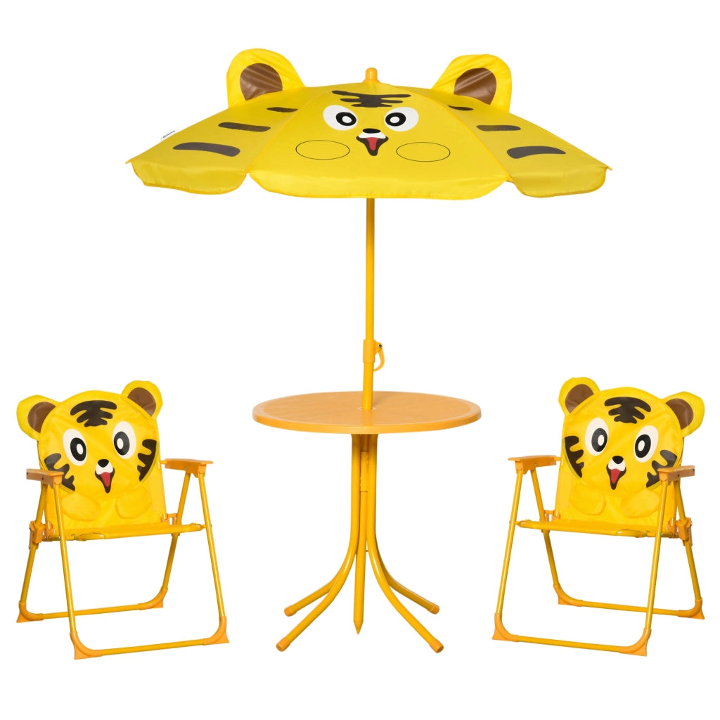 Set 4 Pezzi per Bambini Ombrellone Tavolo Rotondo e 2 Sedie in Acciaio e Tessuto Oxford Giallo