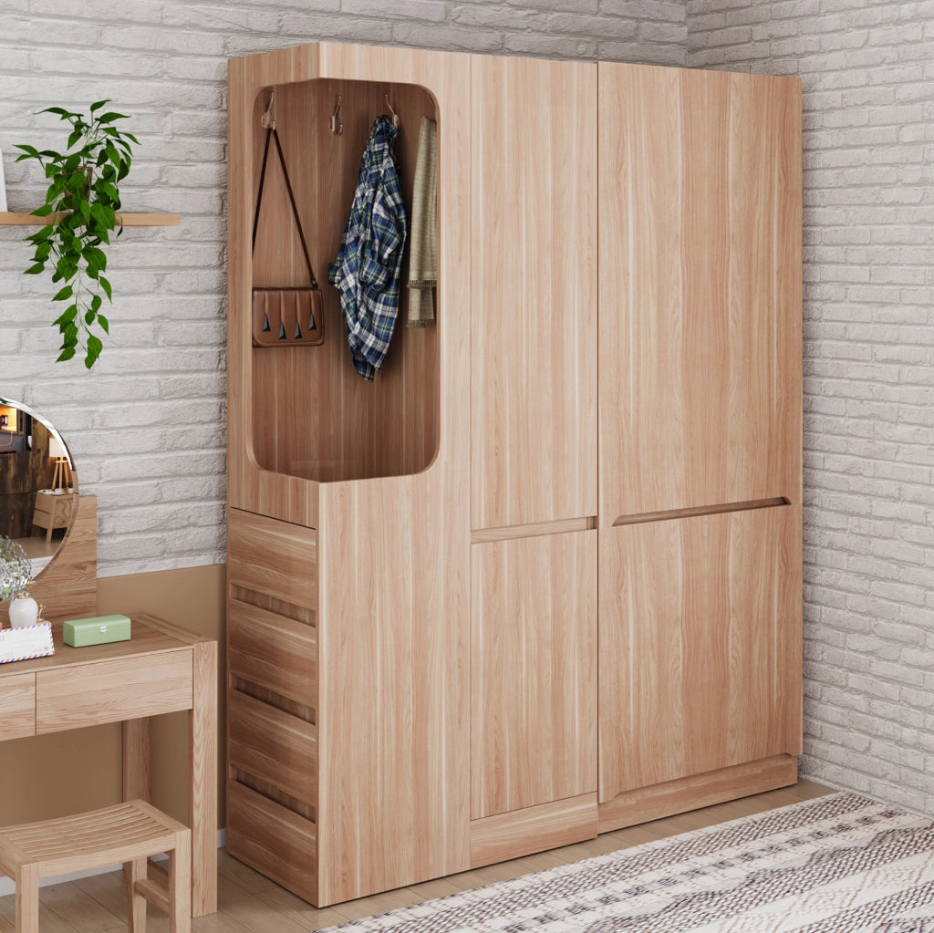 Armadio guardaroba 140 x 40 x 170 cm in legno naturale; con cassetti e scomparti