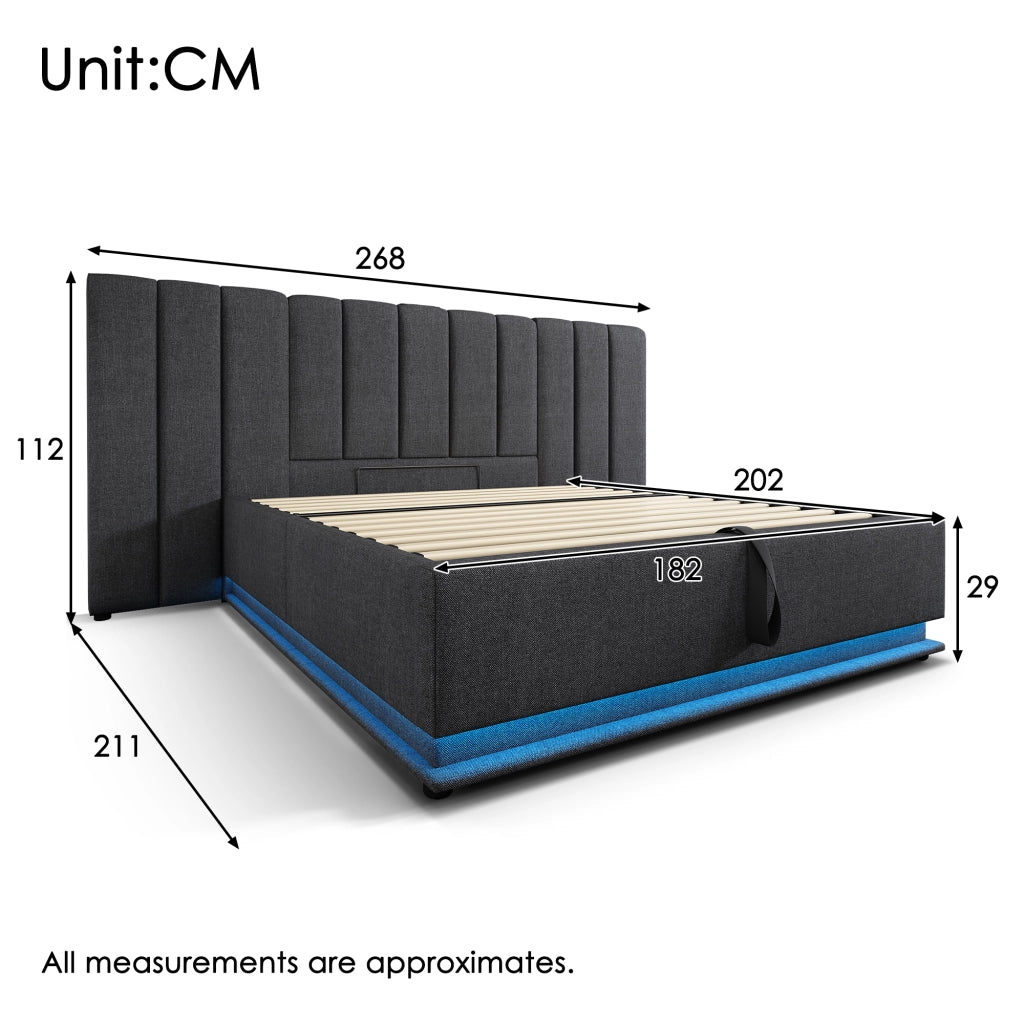 OKWISH Letto Contenitore 180×200 cm, Letto Matrimoniale con 3 USB, Type C e LED Regolabile, senza Materasso, in Lino, Grigio