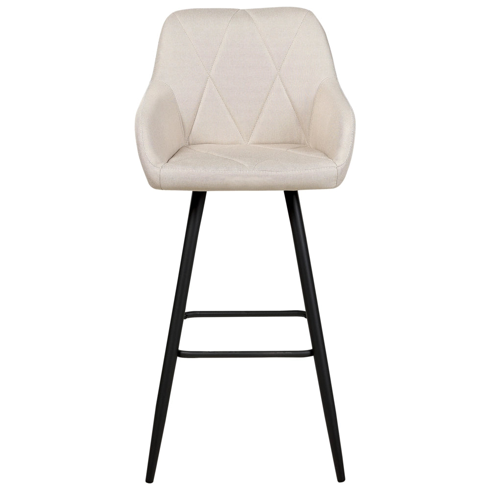 Set di 2 Sgabelli da Bar Rivestiti in Tessuto Beige con Braccioli Schienale Trapuntato Gambe in Metallo Nero