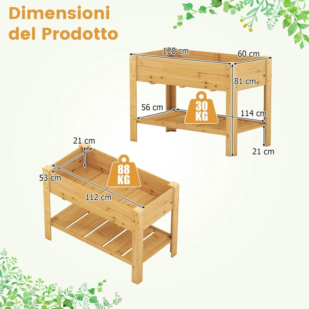 Letto per Orto Rialzato da Esterno in Legno di Abete, Fioriera Rialzata con Fori di Drenaggio e Ripiano Inferiore, Letto per Piante Urbano da Giardino e Patio, 120 x 60 x 82 cm (Naturale)