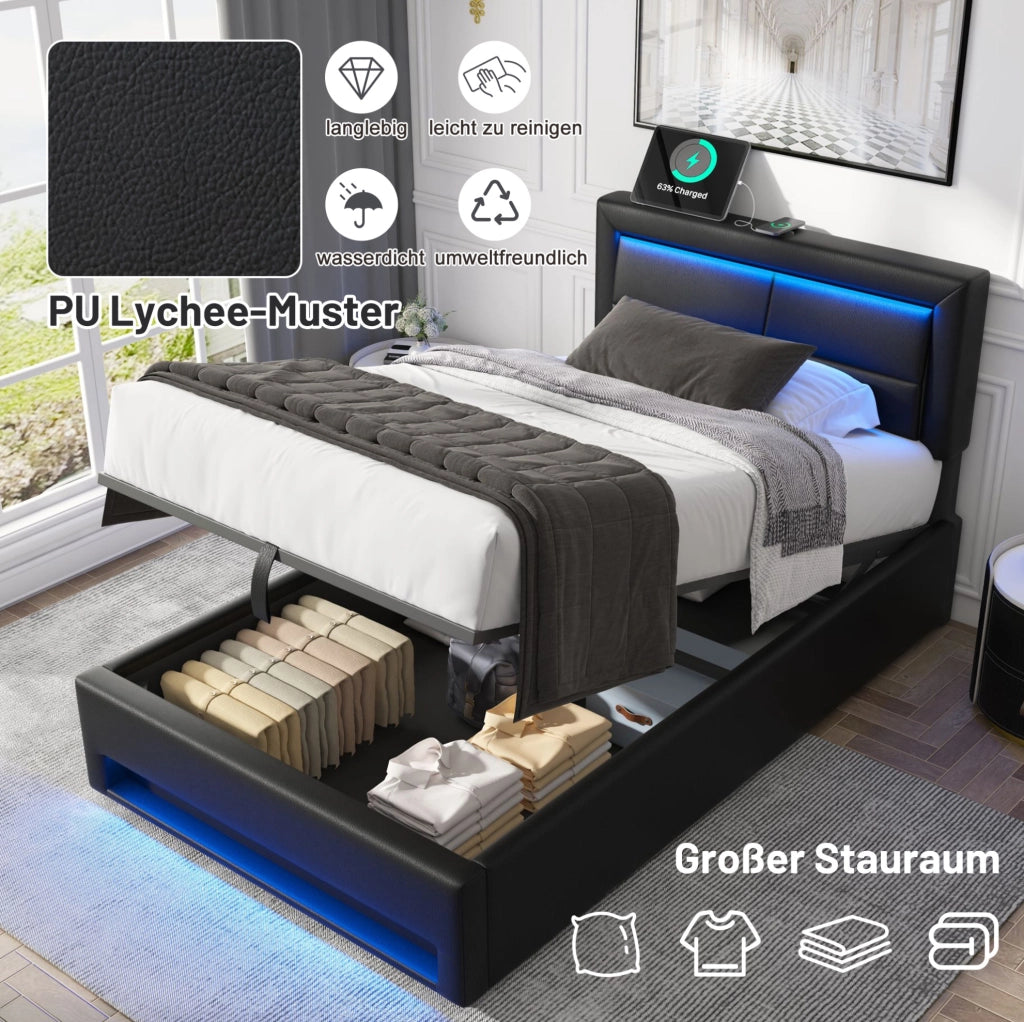 Letto imbottito 90 x 200 cm con LED, USB e vano contenitore