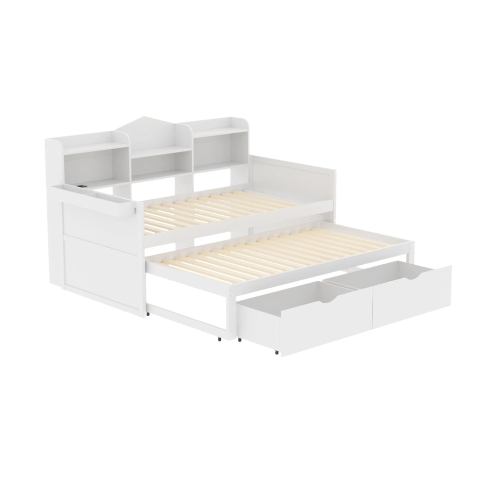 Letto singolo multifunzione estraibile 90x200 cm; bianco; con 2 cassetti e porta USB