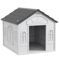 Casetta per Cani in PP Impermeabile con Tetto Inclinato e Porta di Ingresso, 65x75.7x63 cm, Grigio