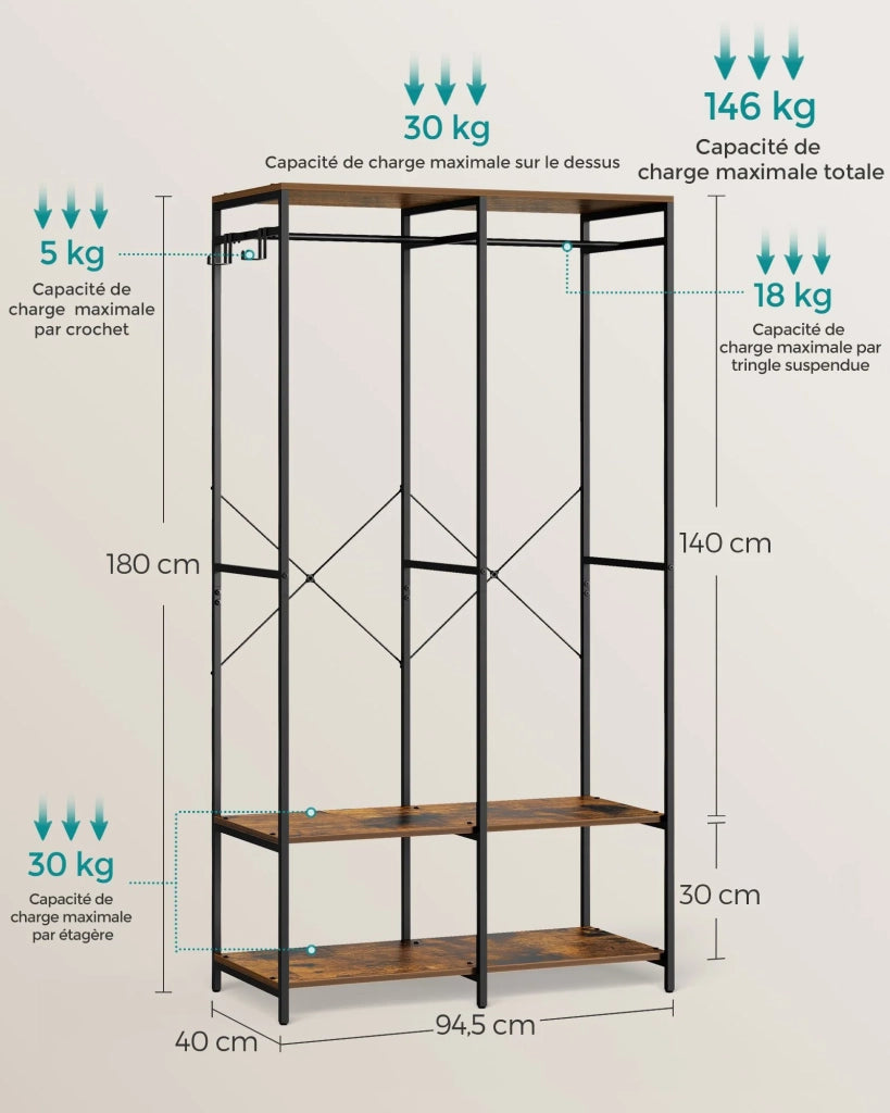 Armadio porta abiti portatile ripiani pieghevoli in metallo con asta appendiabiti e gancio rimovibile 40 x 945 x 180 cm marrone 12_0004046