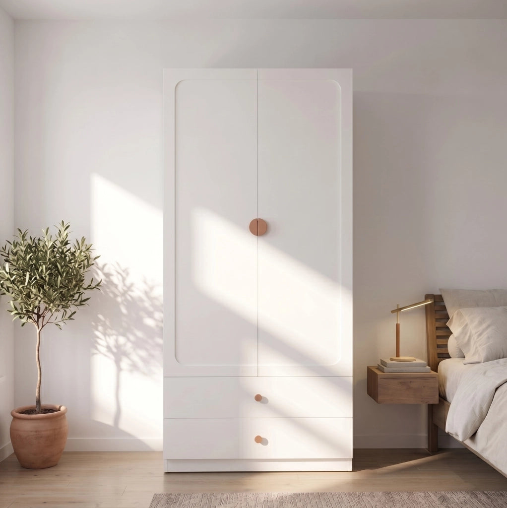 Armadio a 2 ante con 2 cassetti e asta appendiabiti; 90×45×200 cm; bianco