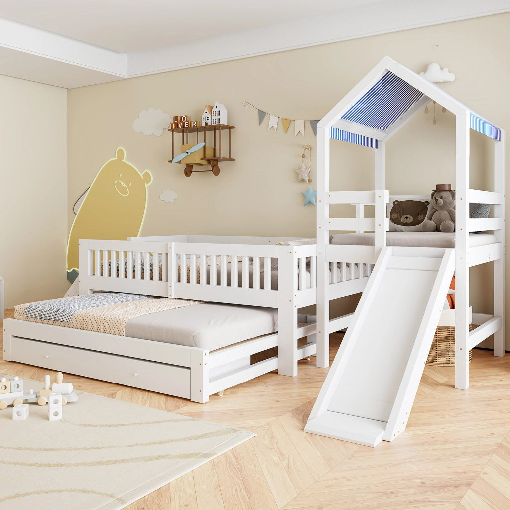 Letto a Castello 90x200 cm; 2 Posti; con scivolo; scala laterale; cassetti; Bianco