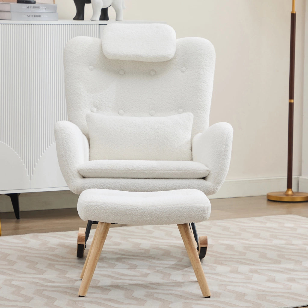 POLTRONA A DONDOLO 73x92x102 cm Teddy bianco con poggiapiedi e cuscini