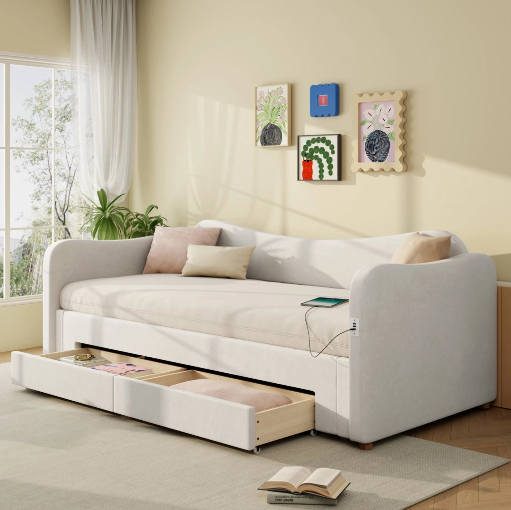 Letto singolo estraibile 90x200 cm in velluto beige con USB