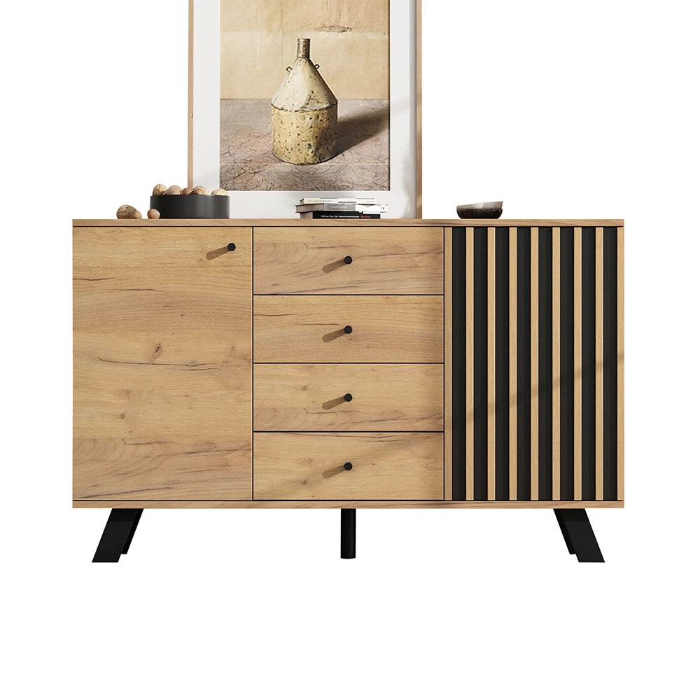 Credenza Soggiorno 120x38x75cm - Xylo - 4 Cassetti e 2 Ante, 5 Piedi Legno