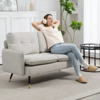 Divano 2 Posti in Tessuto Effetto Lino con Gambe in Acciaio e Cuscini Imbottiti, 139x68x80 cm, Bianco Crema