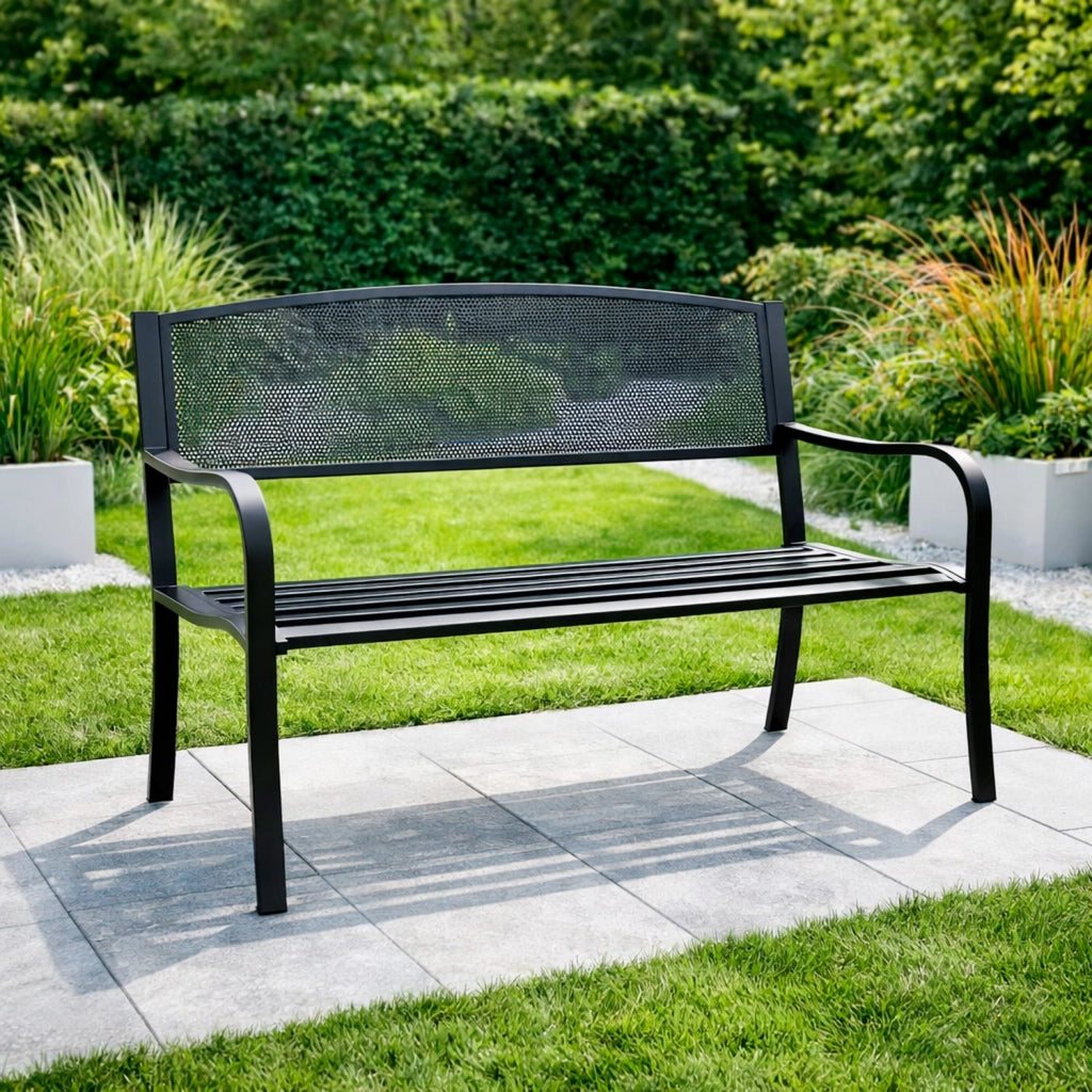 Panchina Da Giardino In Acciaio Panca Da Esterno Elegante 2-3 Posti Con Schienale Traforato E Braccioli Resistente Alle Intemperie Per Terrazzo Patio E Giardino 127 x 60 x 85 Cm Nero