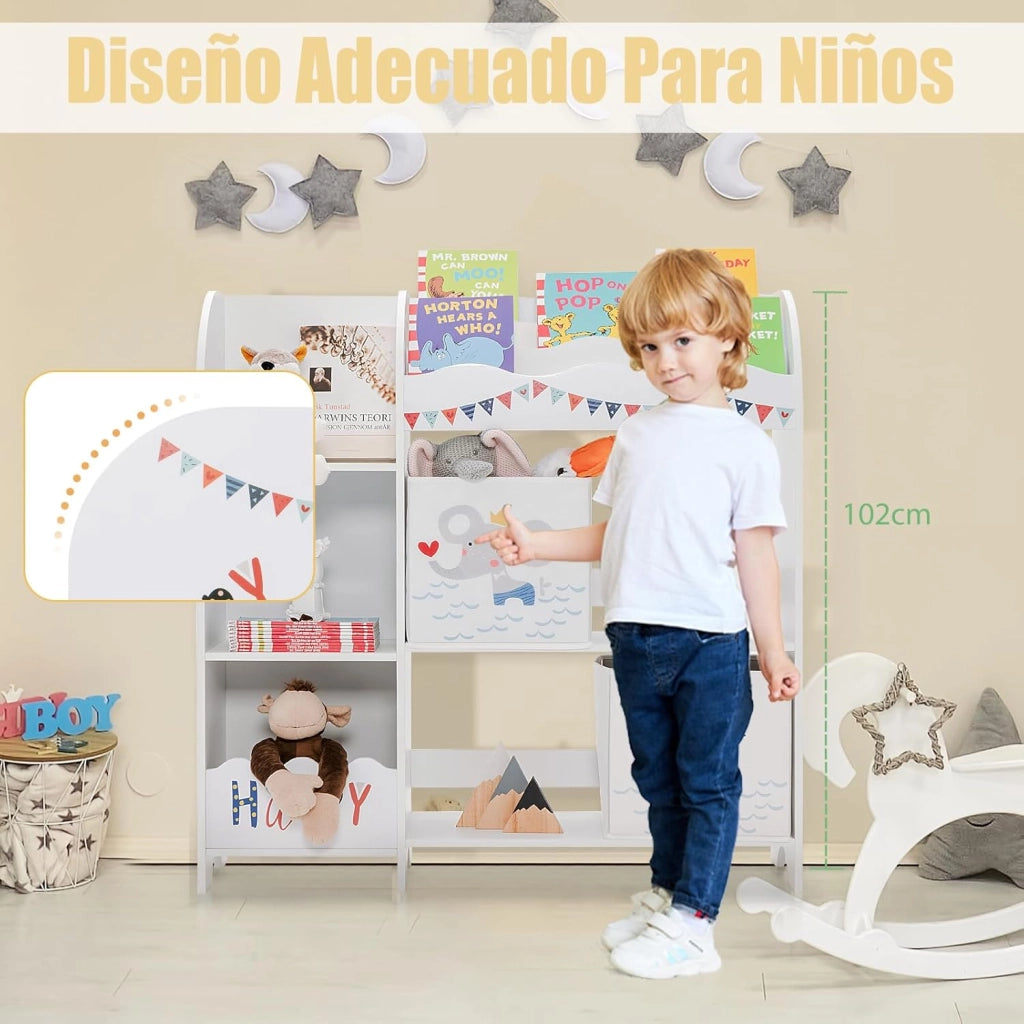 Scaffale per bambini, organizer per giocattoli con 2 scatole e 5 scomparti e 2 ripiani aperti, scaffale per giocattoli, libreria, scaffale bianco, cameretta dei bambini, camera da letto (pirati