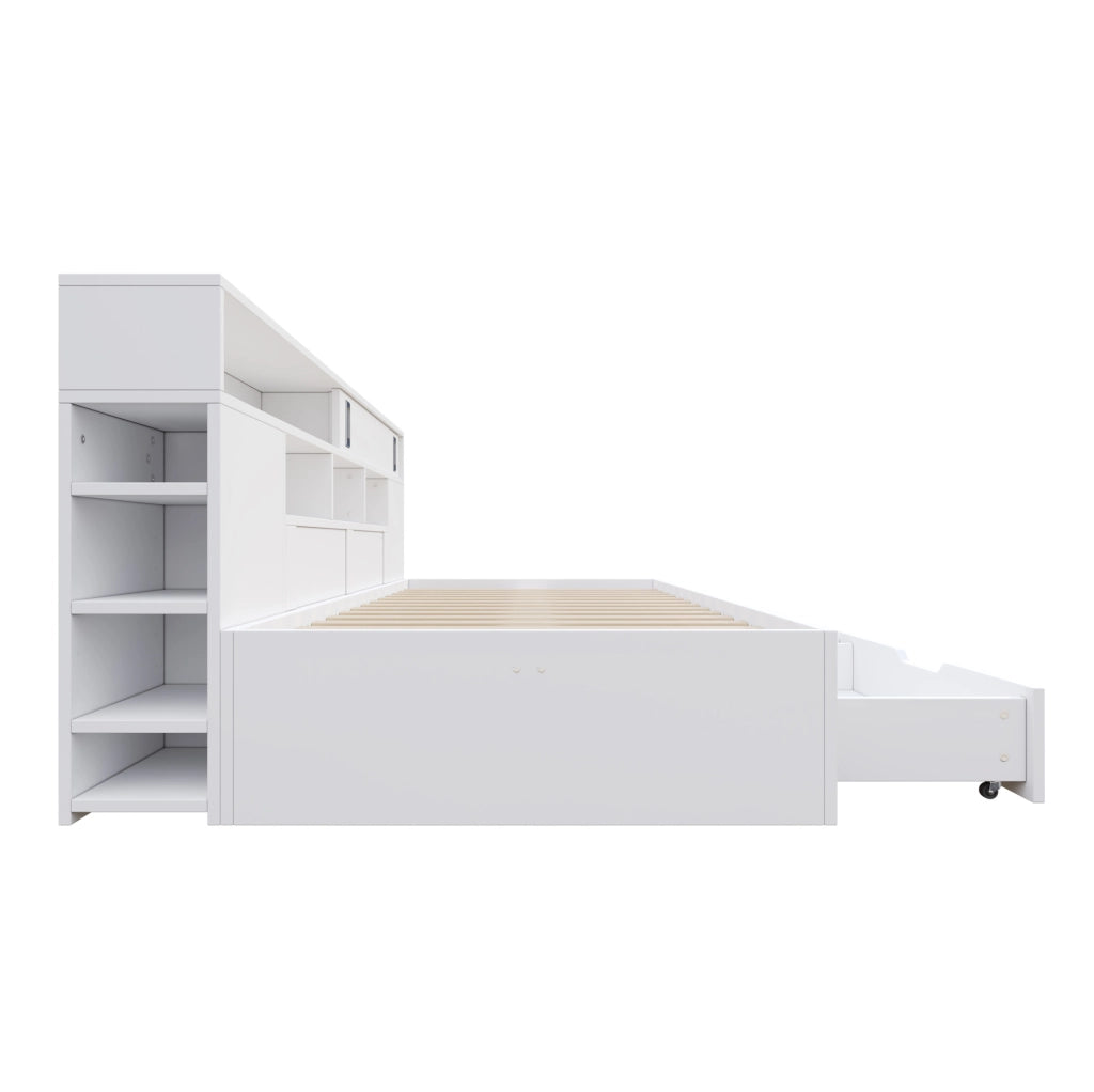 Letto singolo 90x200 cm con cassetti e vani contenitore; MDF; bianco (Senza materasso)
