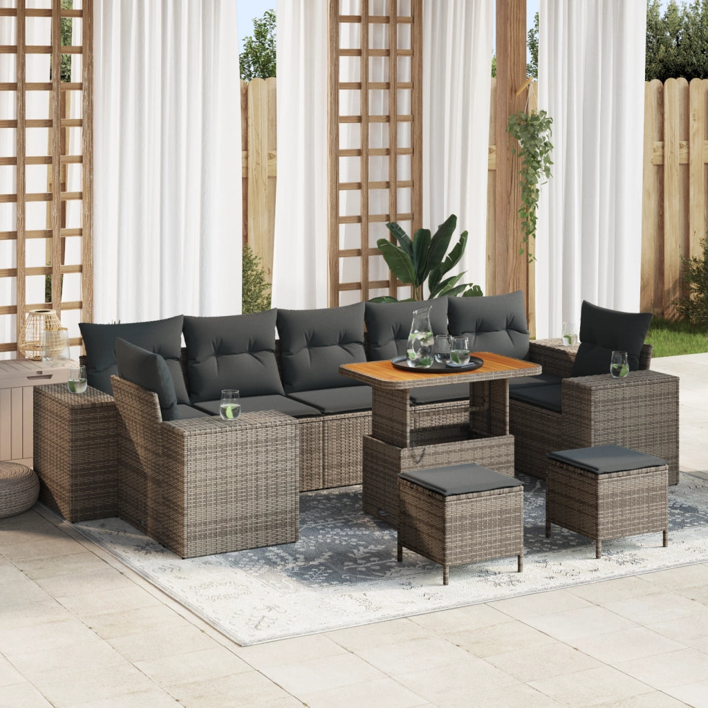 Set divano da giardino  con cuscini grigi in rattan polivinilico e acacia