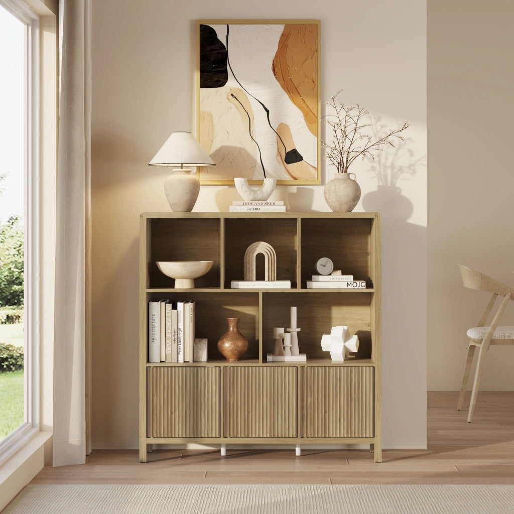Credenza Bassa Lukkodso con 3 Ante e Scomparti Aperti 102x98x30 cm Effetto Rovere Medio Chiaro [en.casa]