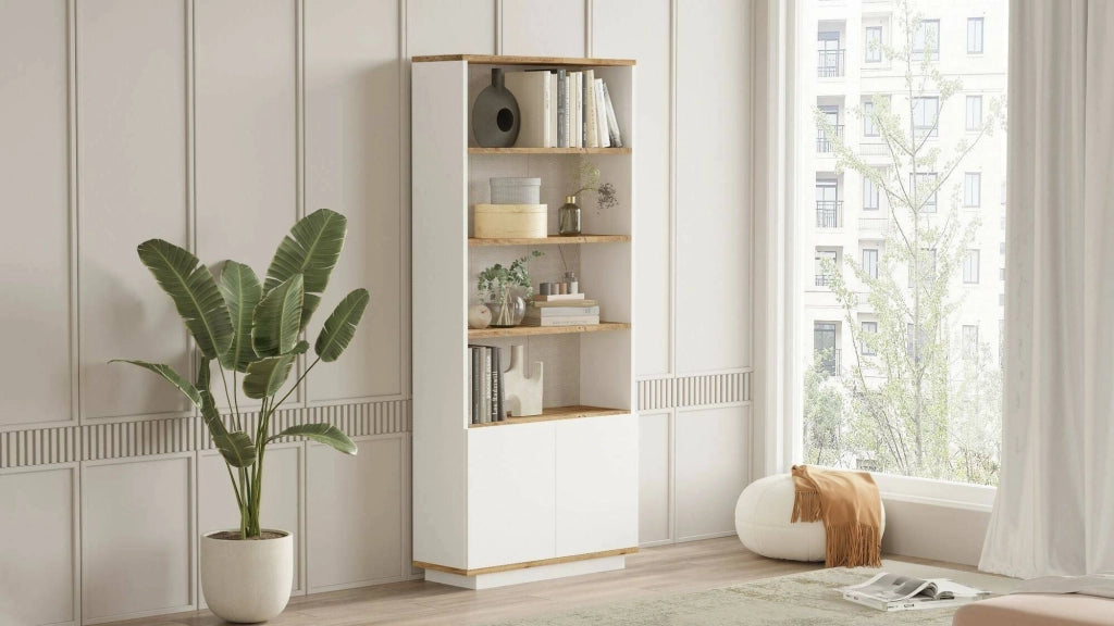 Libreria Achromic, Scaffale da ufficio, Mobile portalibri, Biblioteca, 75x27h168 cm, Quercia e Bianco