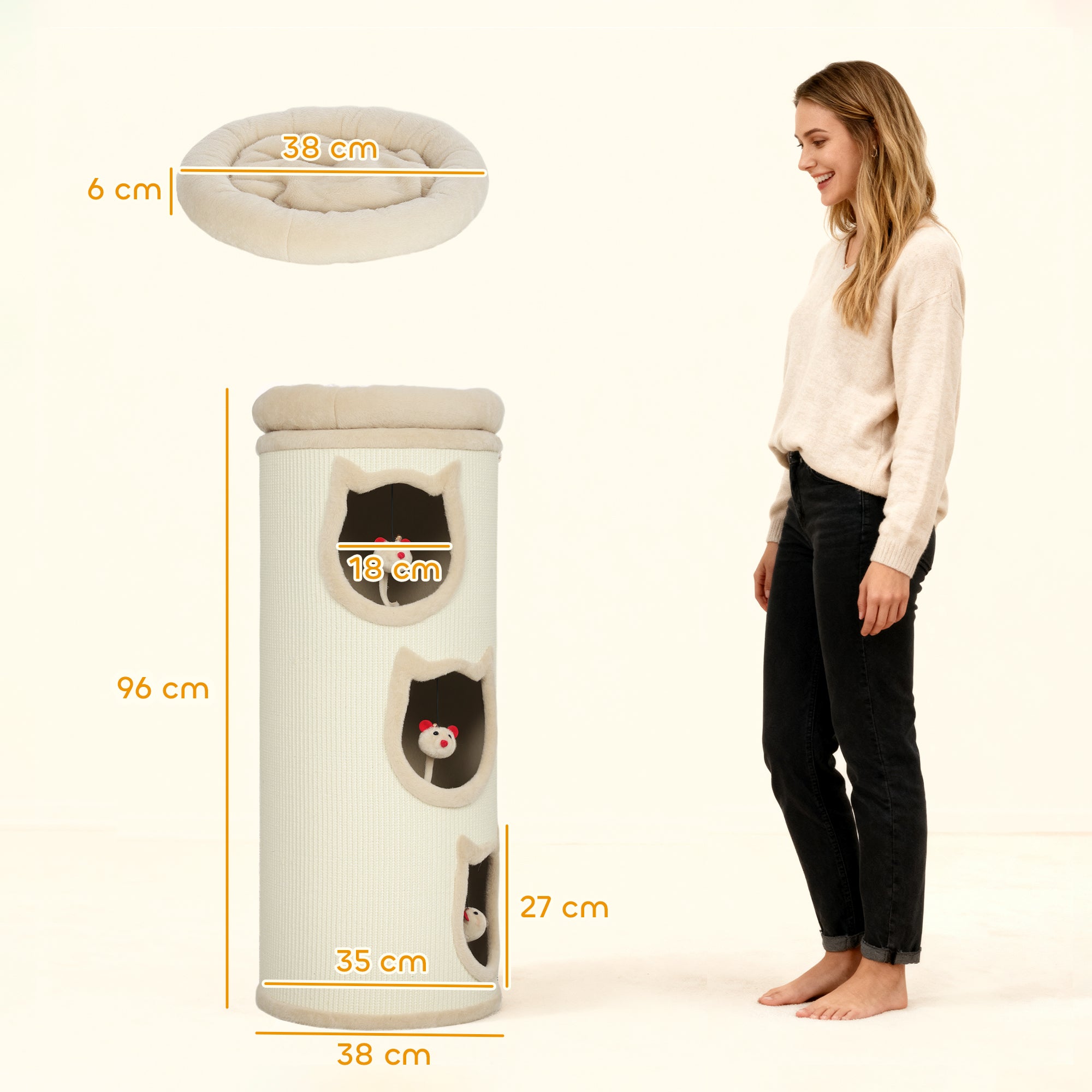 Torre Tiragraffi per Gatti Alta 96 cm con 3 Casette e Lettino Superiore Rimovibile e Lavabile Crema